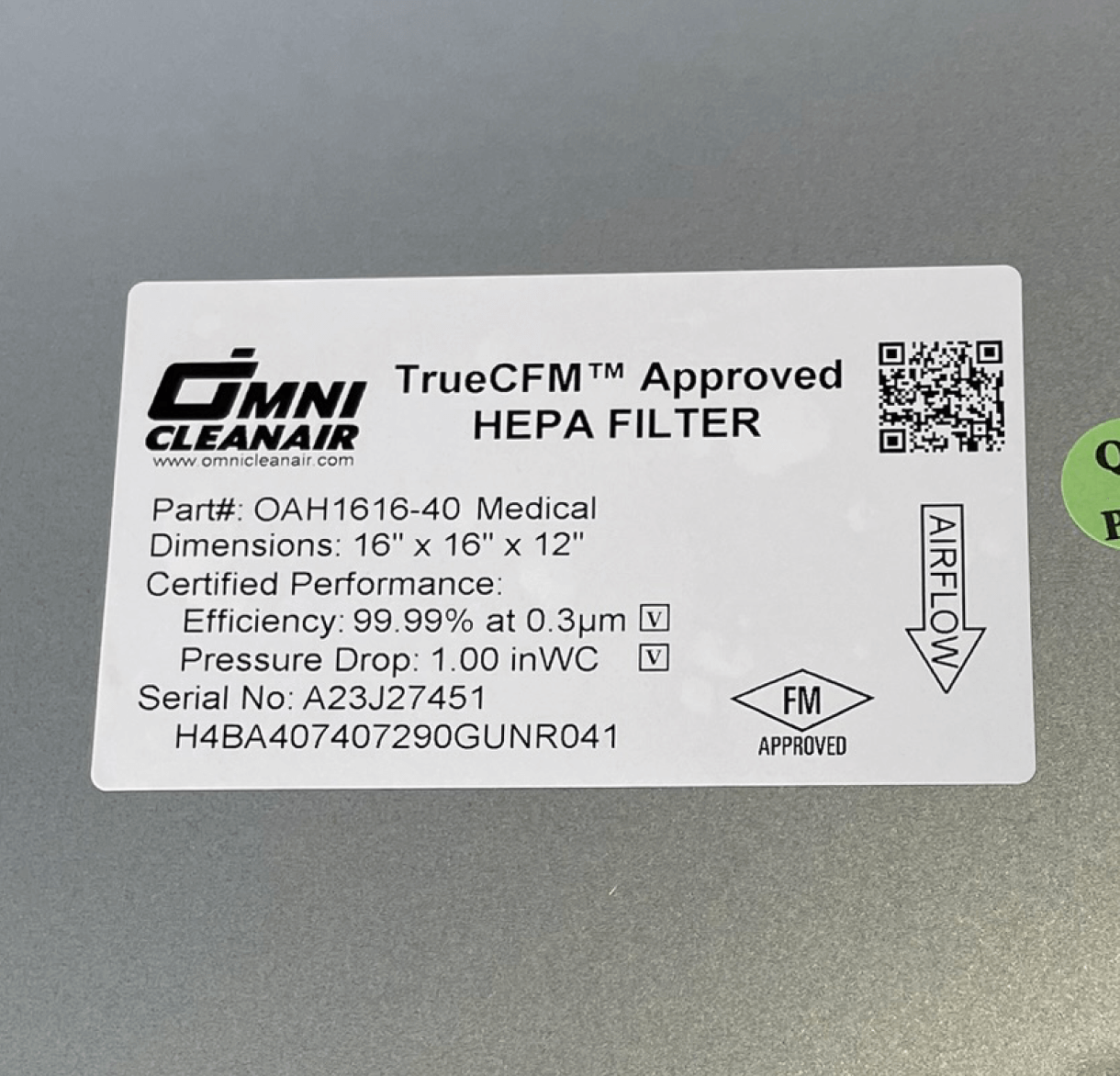 HEPA Certified Filter • 16x16x12 • 99.99% • Metal Frame • Standard Capacity • #OAH1616-40