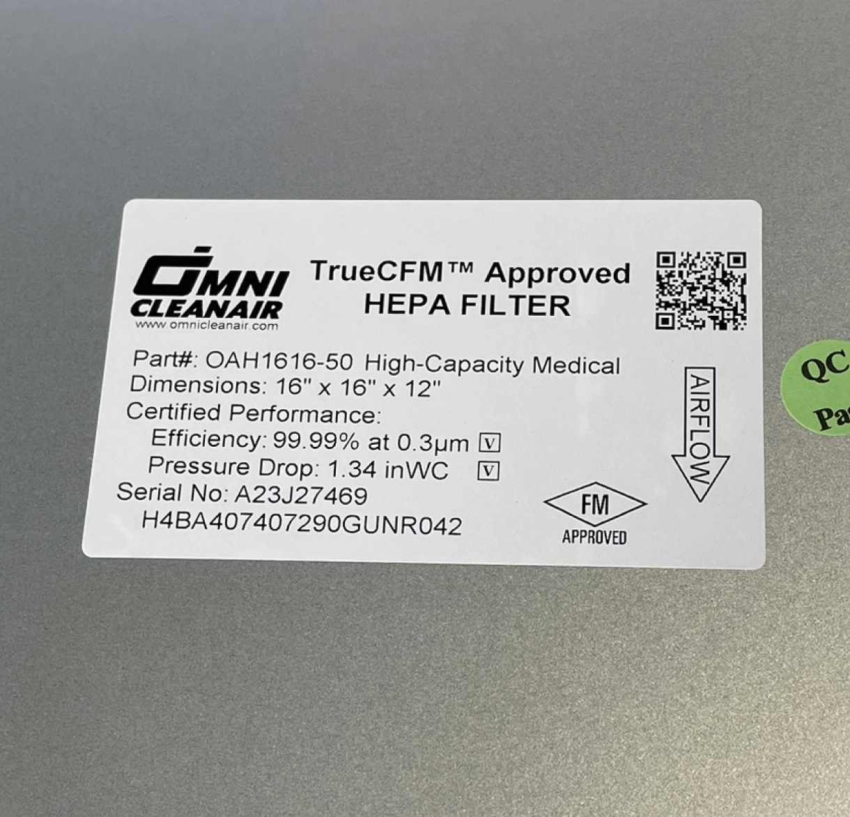 HEPA Certified Filter • 16x16x12 • 99.99% • Metal Frame • High Capacity • #OAH1616-50
