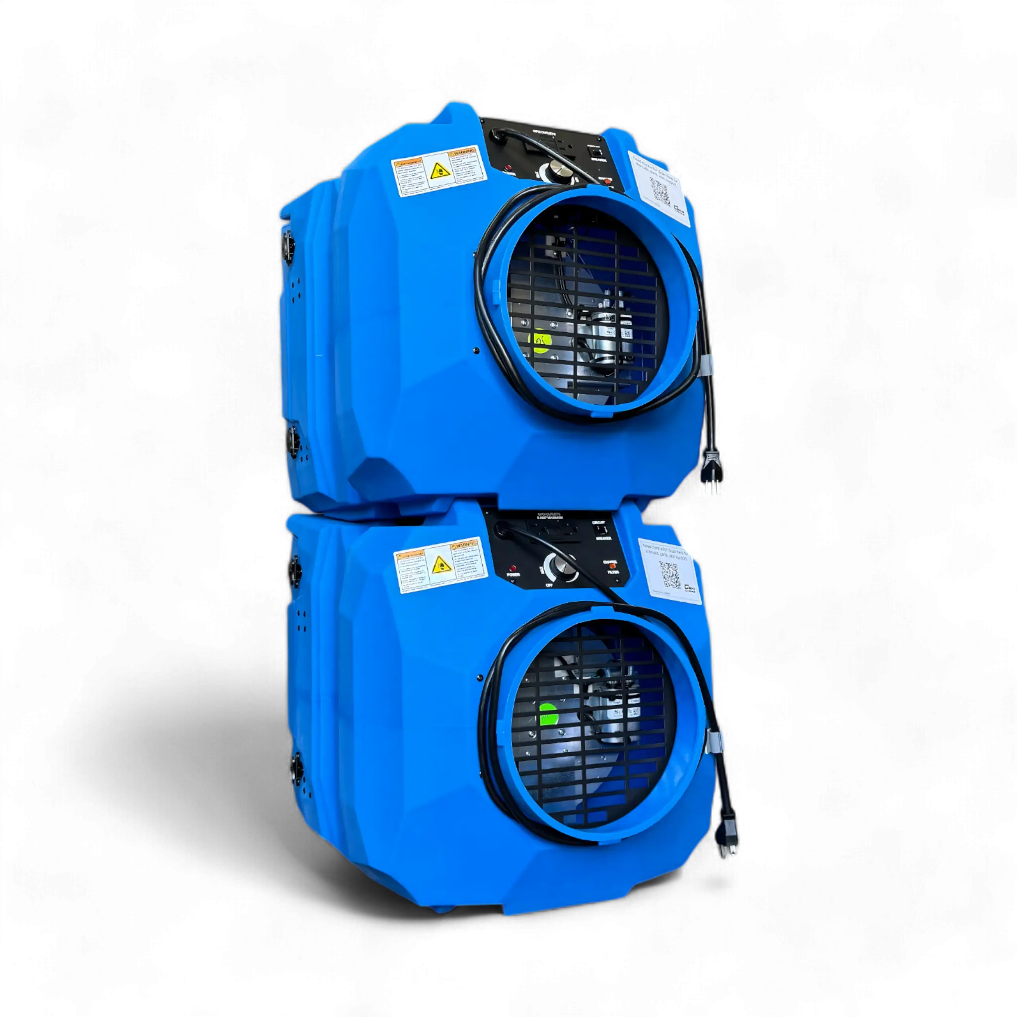 Two blue OA600 Nitro portable air scrubber machines stacked on top of one another