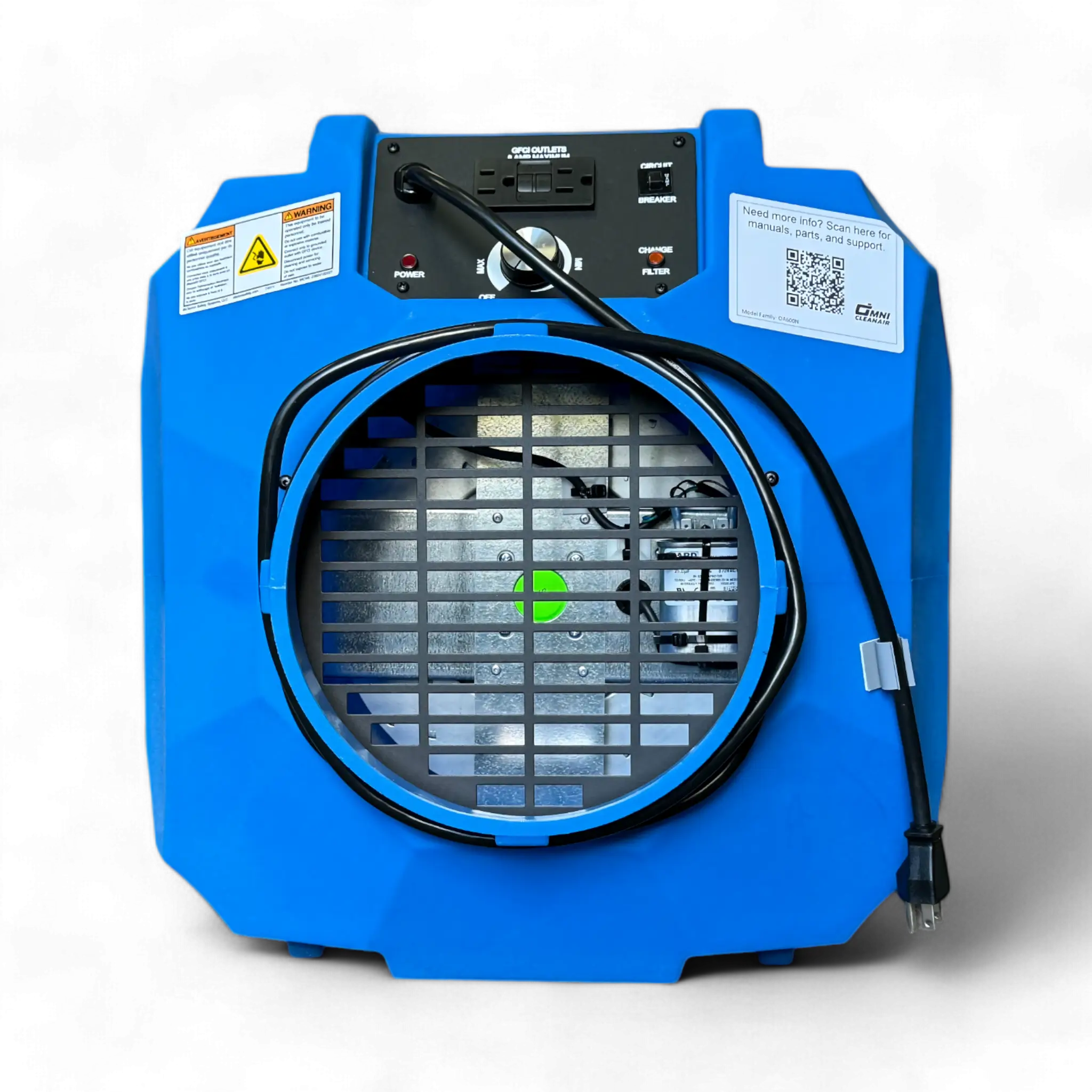 A blue OA600 Nitro portable air scrubber machine with a carbon filter, designed for odor and VOC removal.