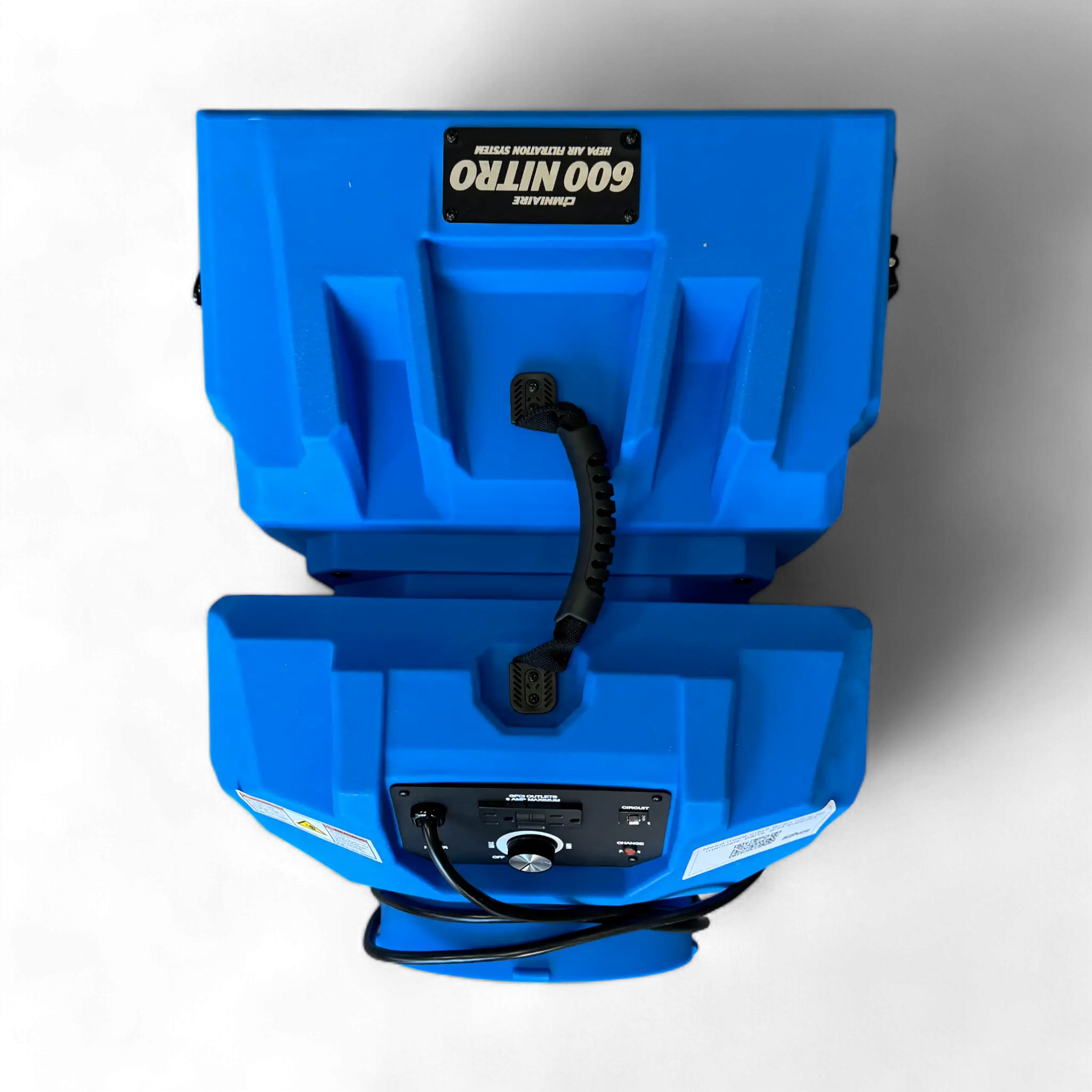 Top view of a blue OA600 Nitro portable air scrubber machine with a carbon filter, designed for odor and VOC removal.
