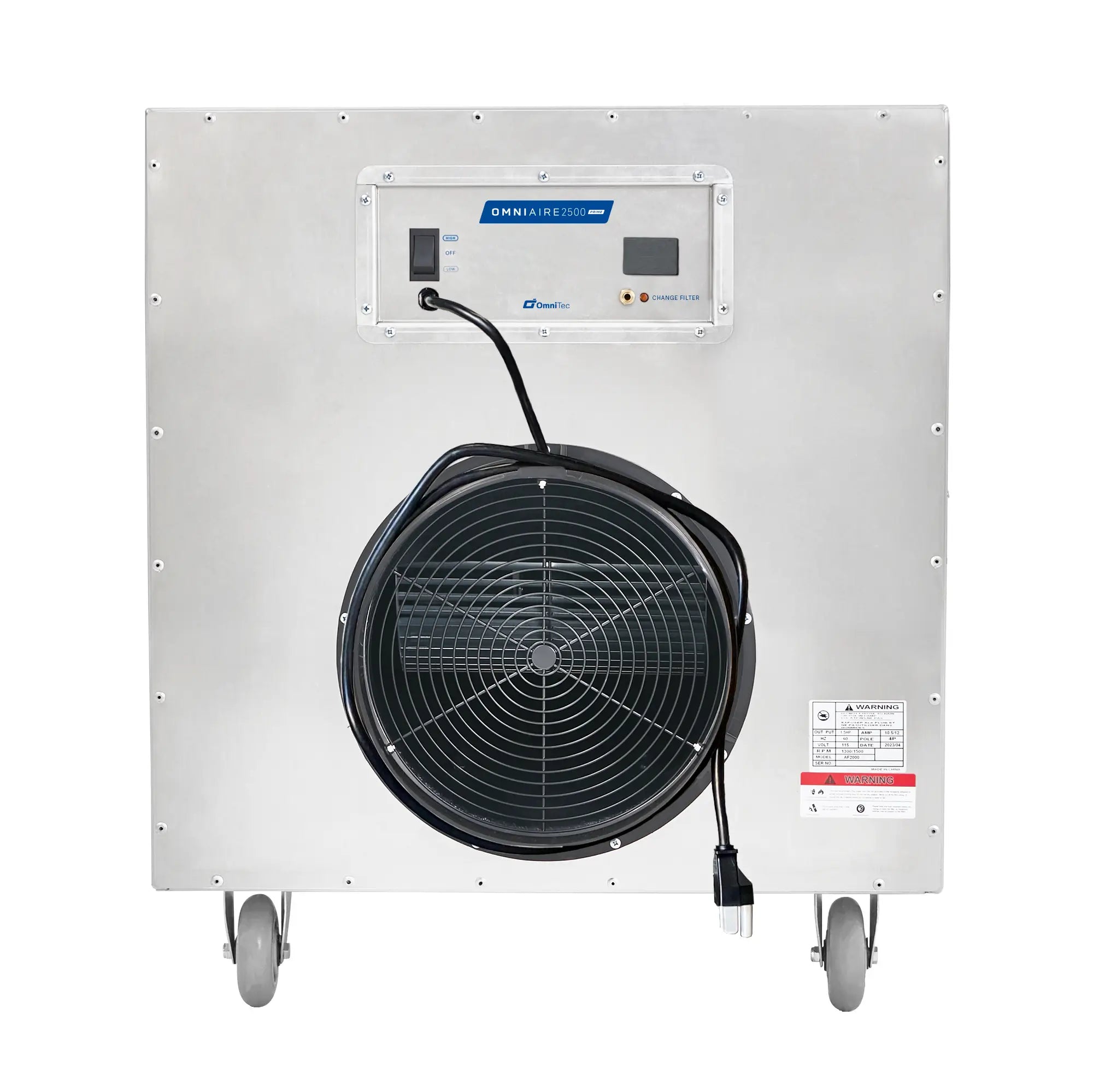 Front view of OmniAire 2500 Prime HEPA Air filtration unit in metal housing with power cord, 3-state switch and change filter light