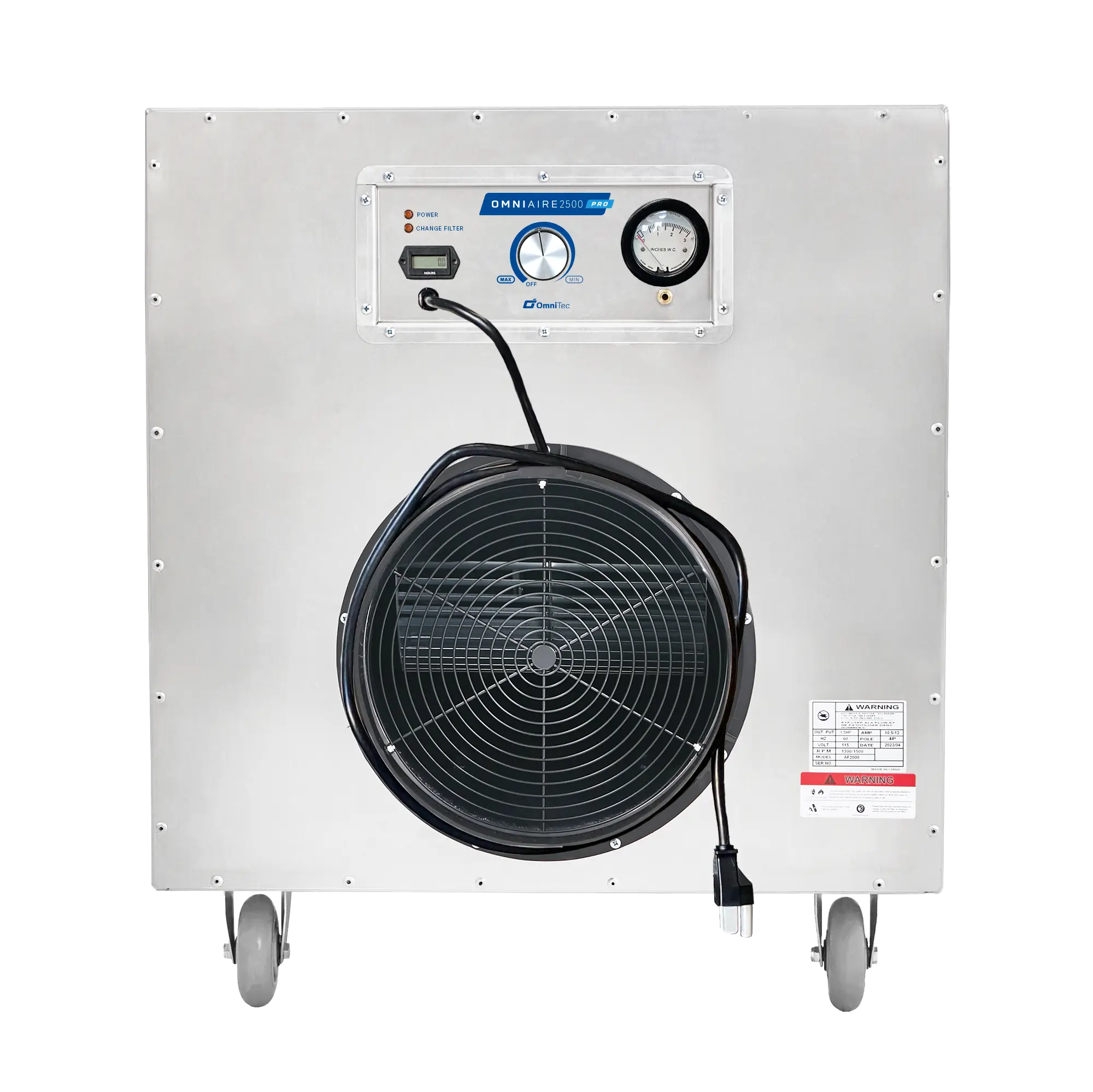 Front view of OmniAire 2500 Prime Negative Air Machine in metal housing with power cord, variable dial control, and pressure gauge