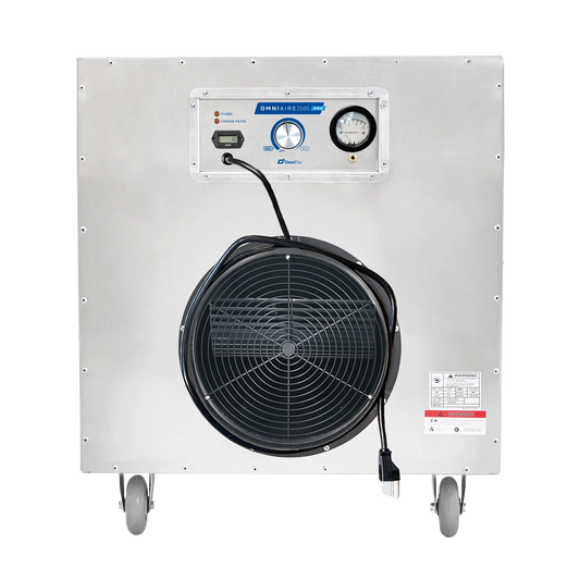 Front view of OmniAire 2500 Prime Negative Air Machine in metal housing with power cord, variable dial control, and pressure gauge