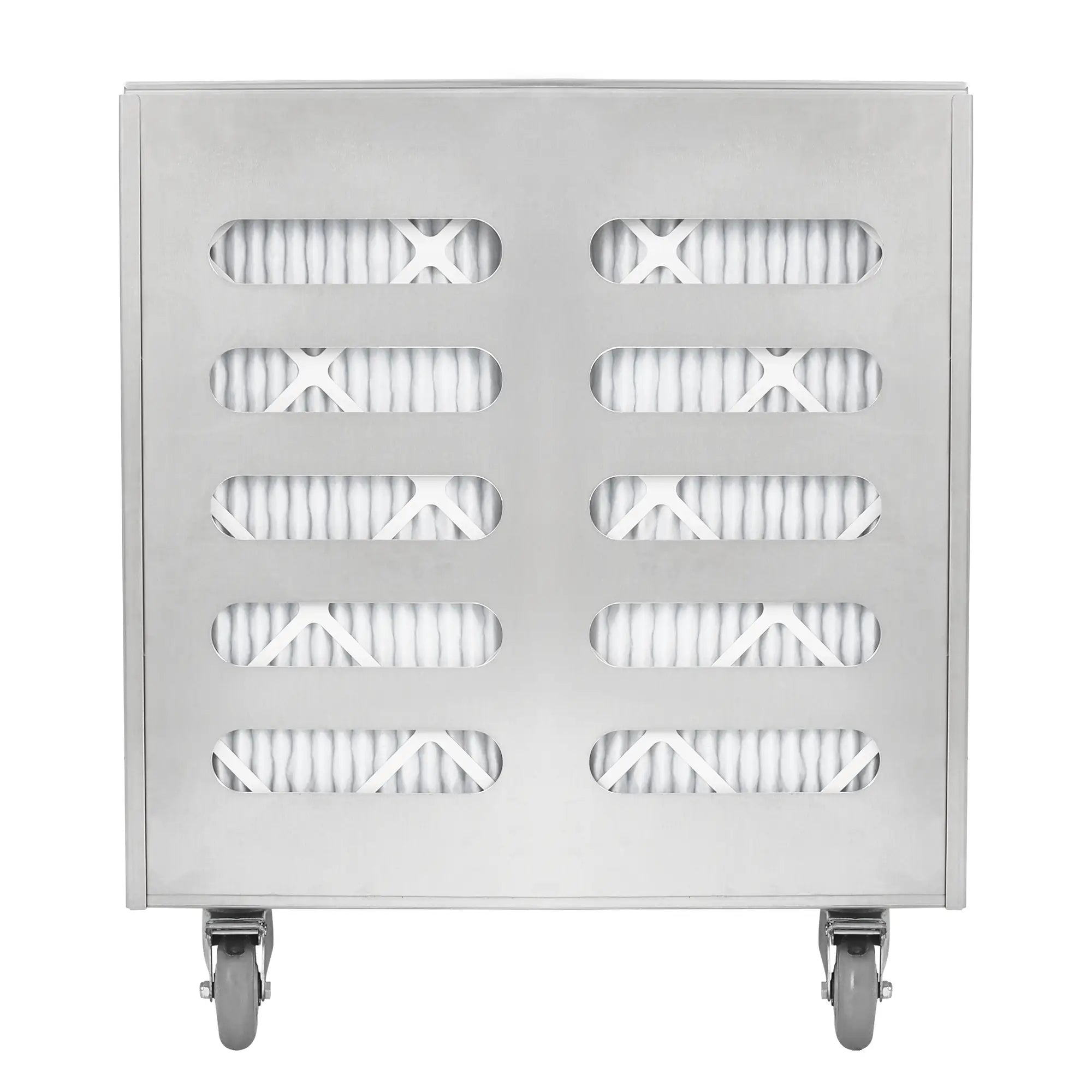 Rear view of metal OmniAire 2500 HEPA air filtration system with filter pleats visible through openings in back of machine