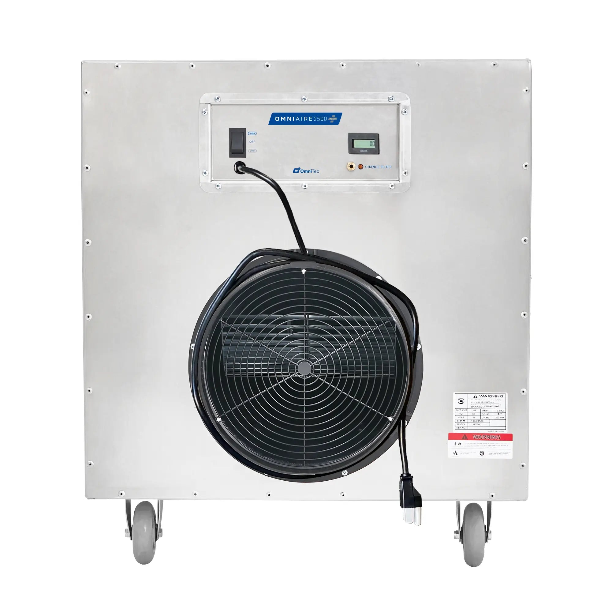 Front view of OmniAire 2500 Plus Negative Air Machine in metal housing with power cord, 3-state switch and change filter light