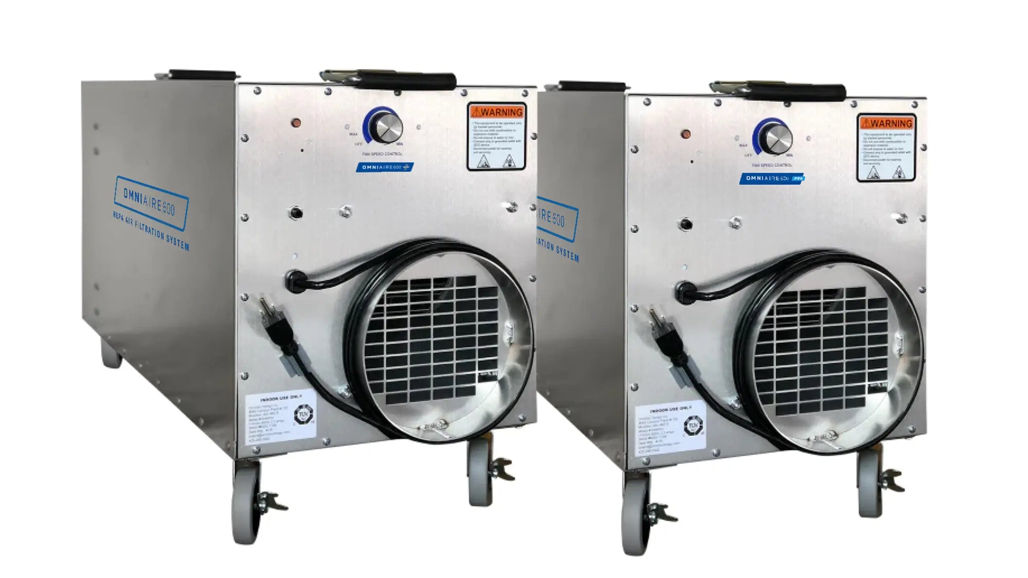 Two portable OA600 negative air machines with HEPA filters, featuring a silver color, on wheels for mobility