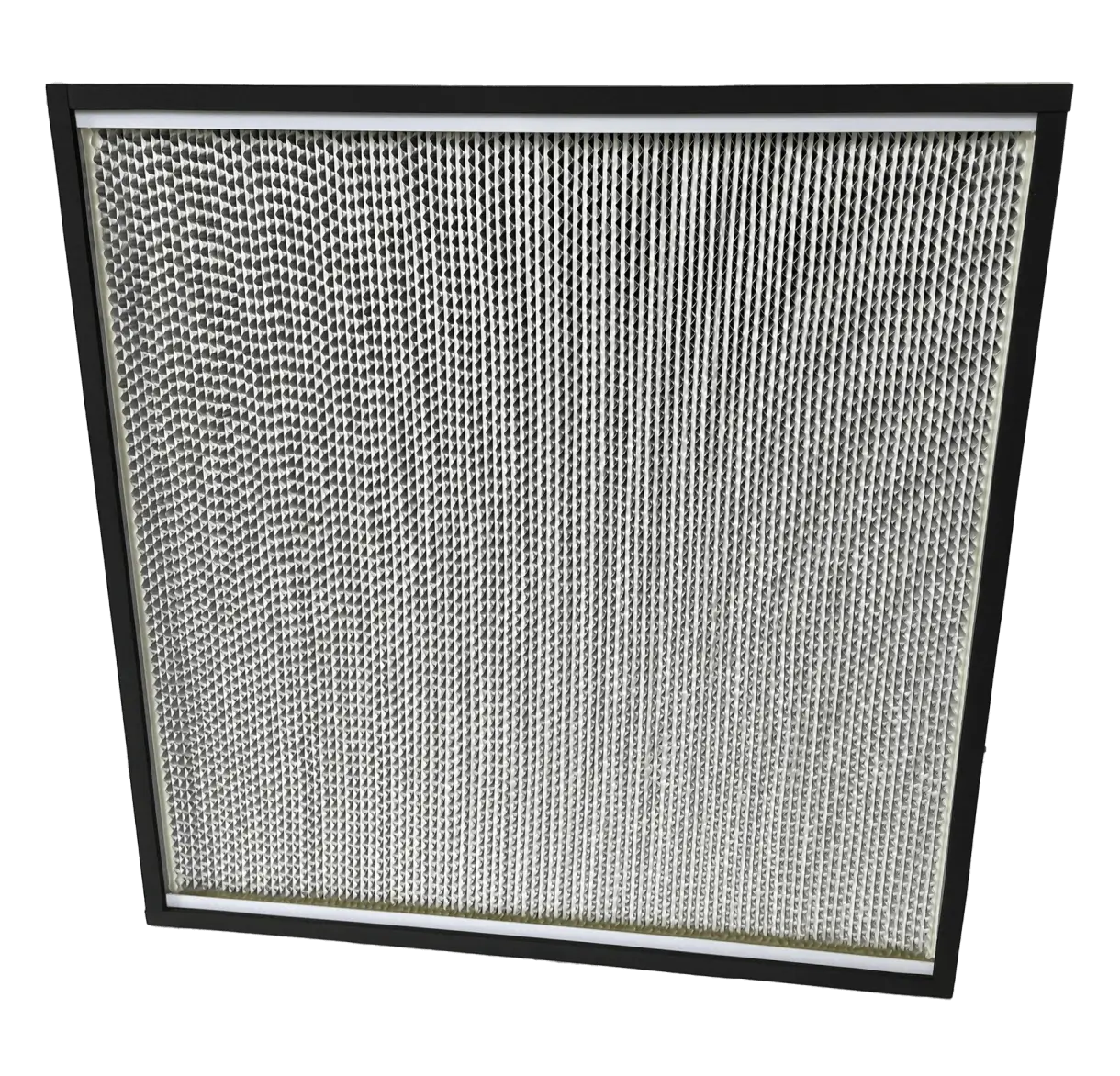 24 inch by 24 inch HEPA air filter with a black frame on a white background