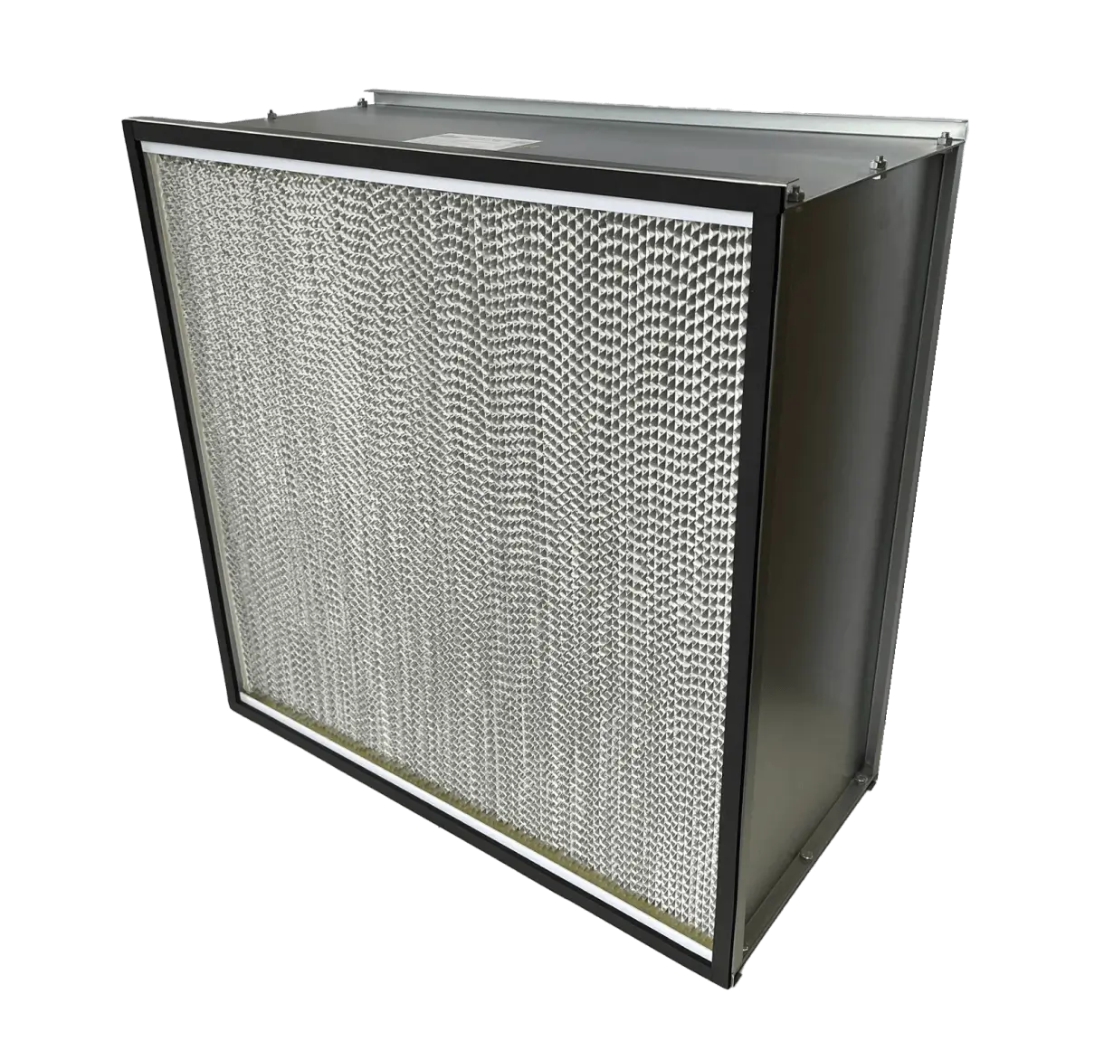 Rectangular HEPA air filter with metallic grille on a white background