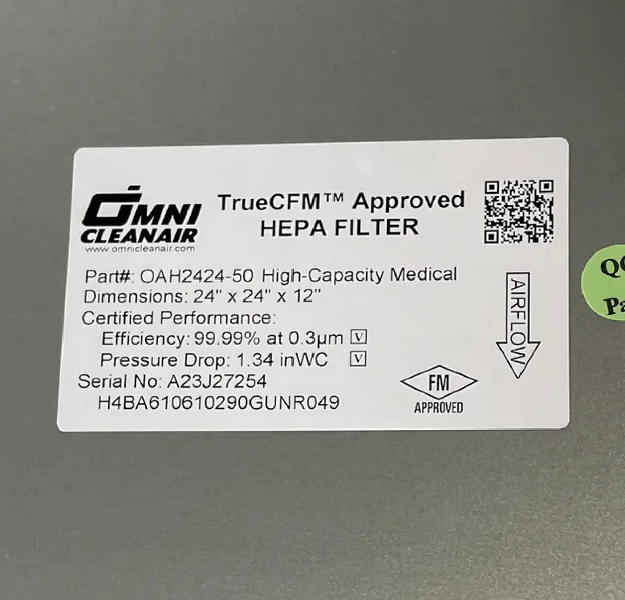 Omni CleanAir HEPA Filter label. Part# OAH2424-40, Medical, 24