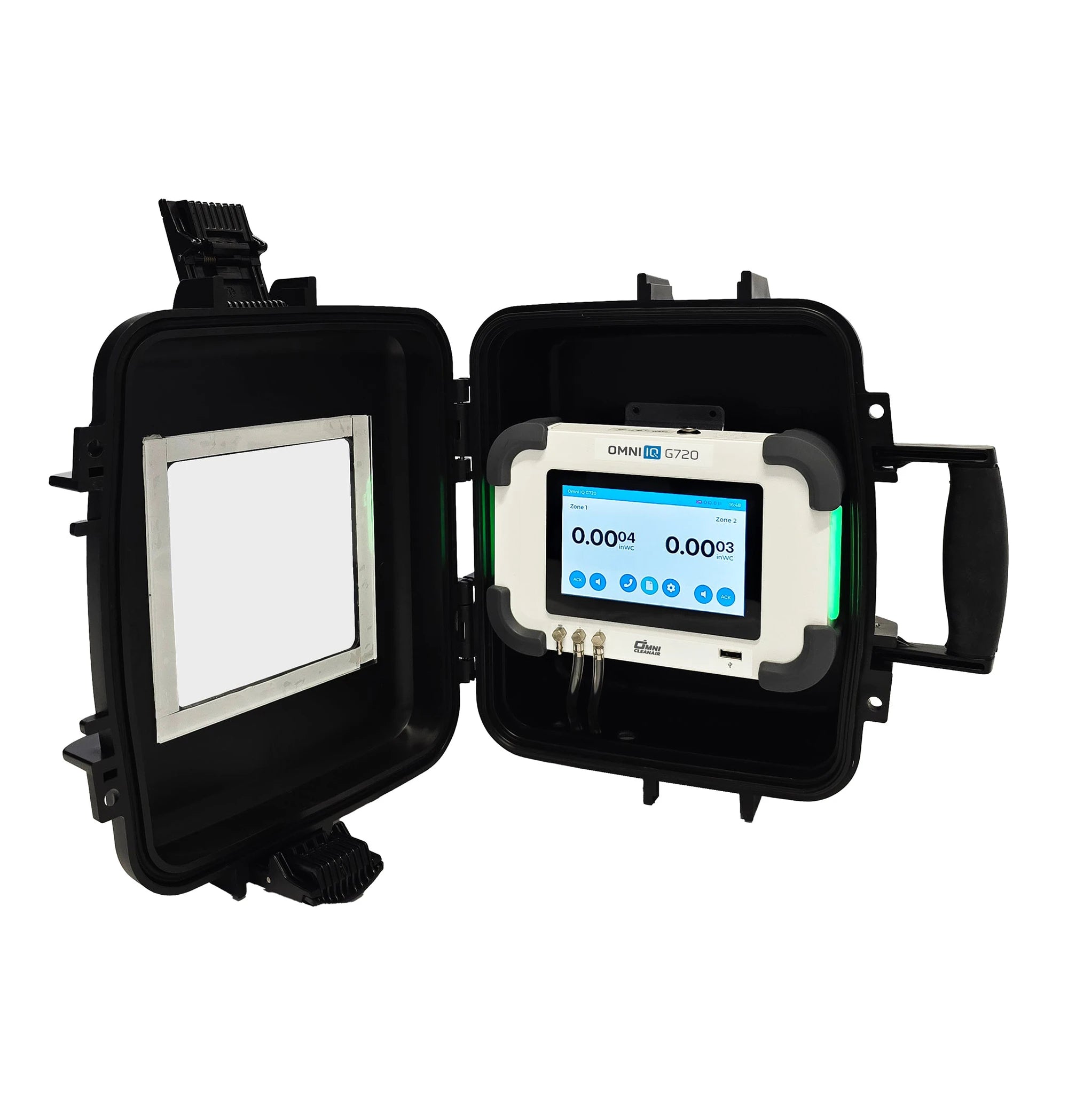 Portable Omni IQ G720 differential pressure monitoring device in a black carrying case on a white background