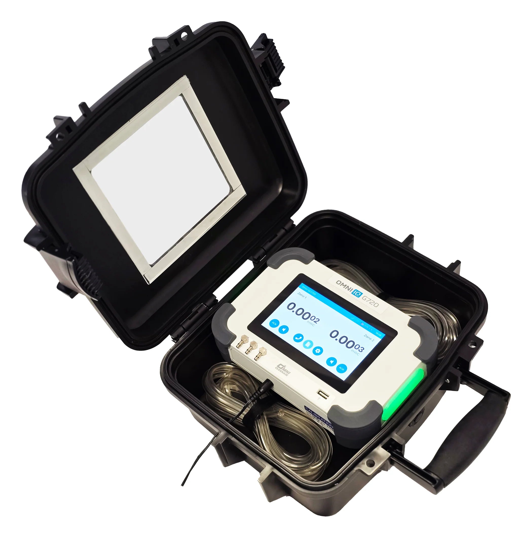 Portable Omni IQ G720 differential pressure monitoring device with digital display in a black carrying case on a white background