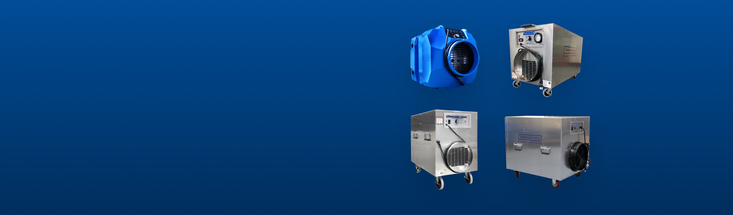 Four Omni CleanAir commercial negative air machines and air scrubbers shown on blue background