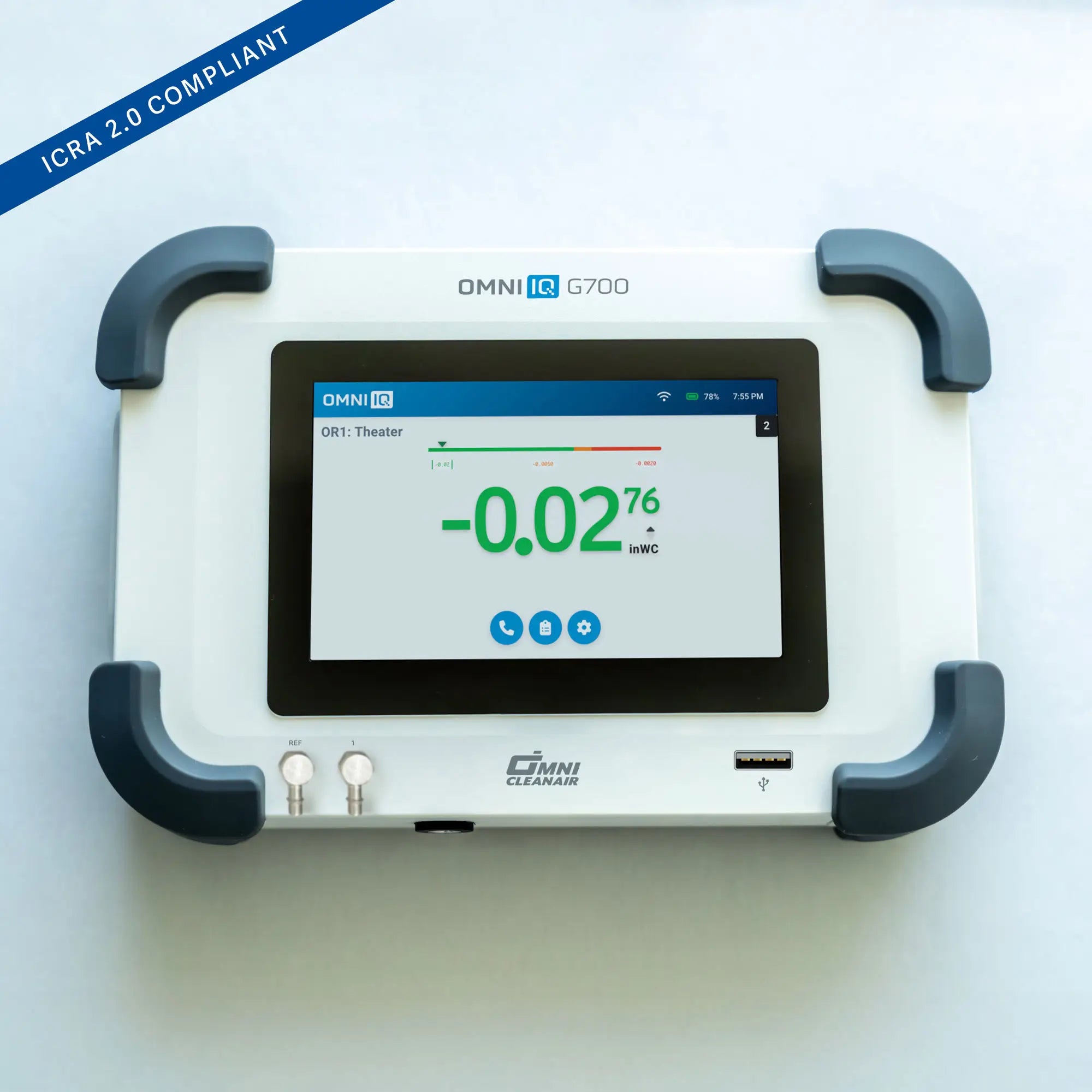 OMNI IQ G700 device with screen displaying measurements on a white background and an ICRA 2.0 Compliant banner